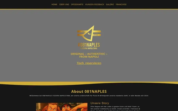 Startseite von 081naples.de mit Menüleiste, goldenem Logo, Claim aus Napoli und Link Tisch reservieren