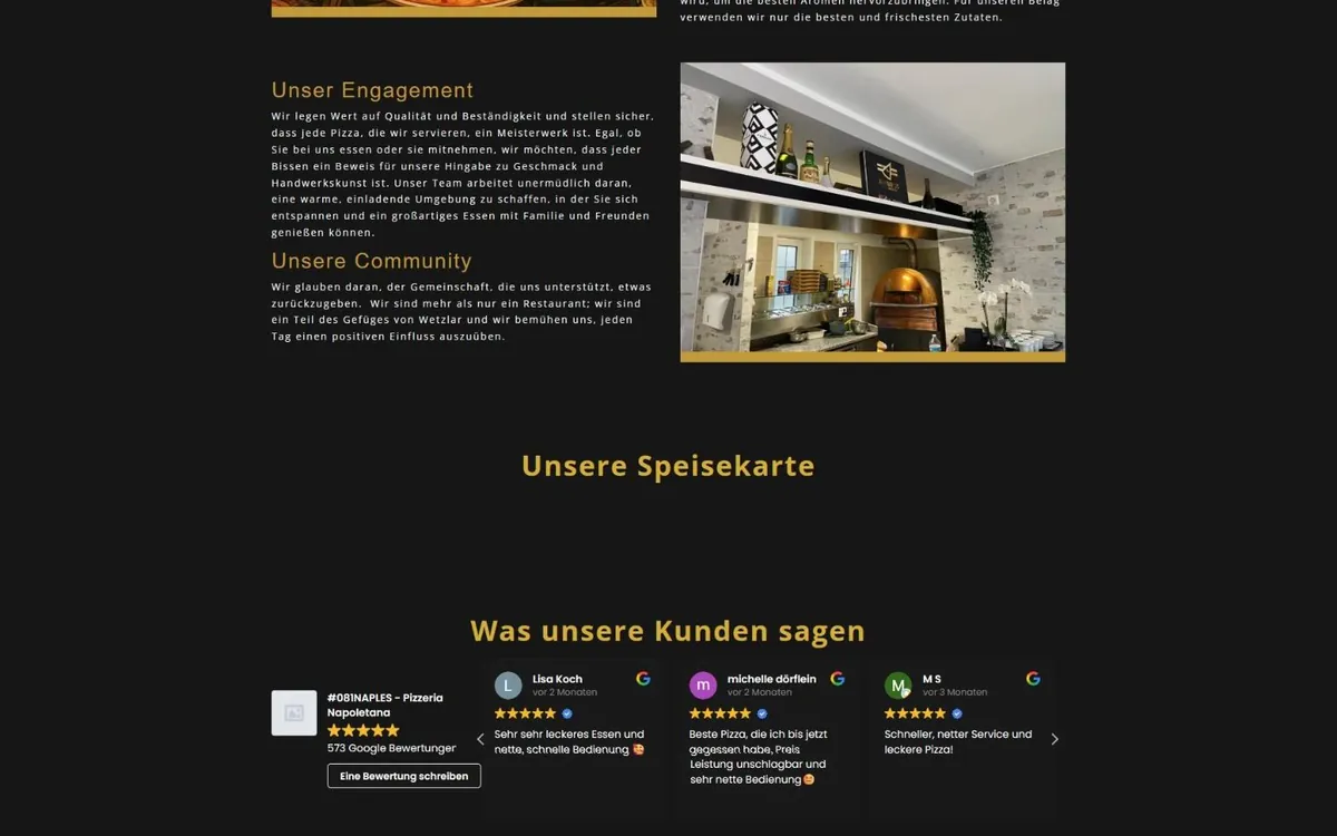 Abschnitt der 081Naples-Website mit Texten zu Engagement und Community neben einem Foto des gekachelten Pizzaofens
