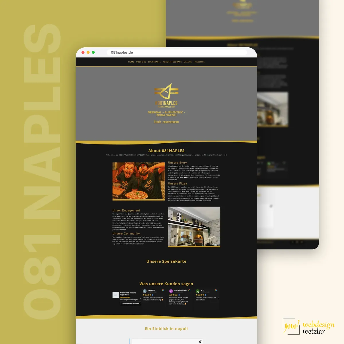 Website von #081Naples im Browserfenster: dunkle Startseite mit goldenem Logo, Über-uns-Blöcken und Gästestimmen