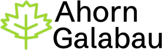 Logo von Ahorn Galabau: grünes Ahornblatt als Kontur neben der schwarzen Wortmarke