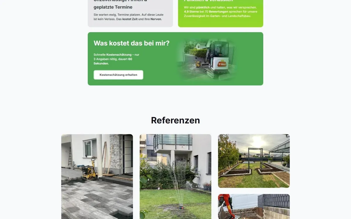 Abschnitt der Ahorn-Galabau-Website mit Kostenschätzung-Box und Referenzfotos von Pflaster- und Rasenarbeiten