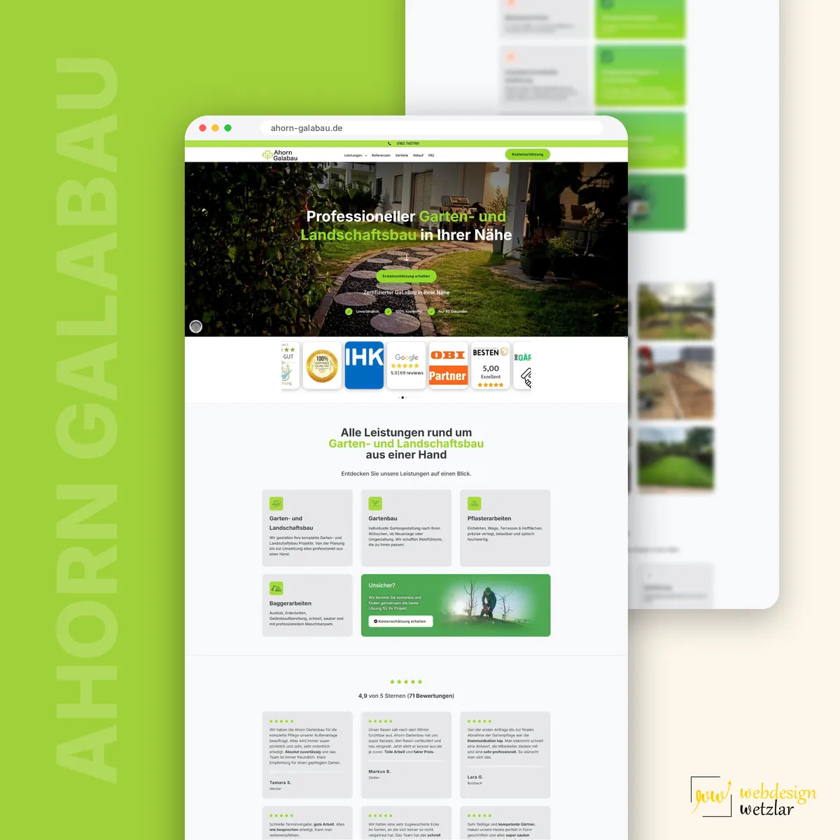 Website von Ahorn Galabau im Browserfenster: Startseite mit Gartenweg aus Trittplatten und der Überschrift zum Garten- und Landschaftsbau