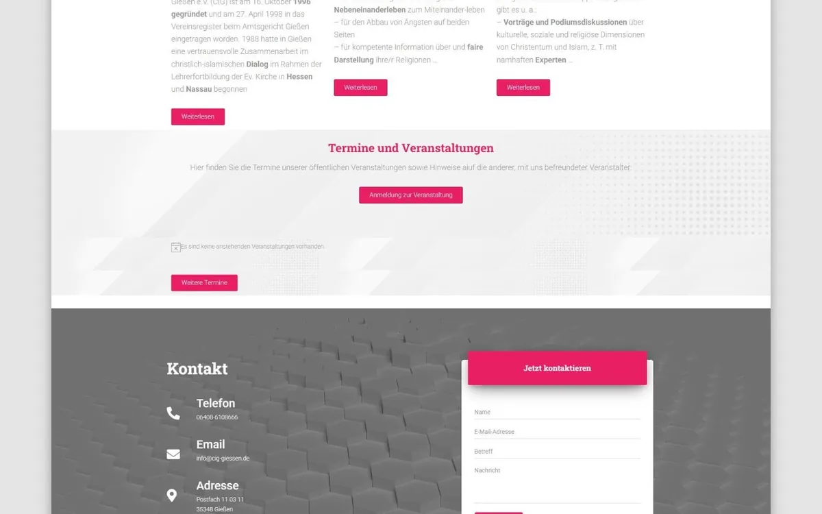 Abschnitt der CIG-Website mit Terminbereich, pinkem Anmeldebutton und Kontaktformular auf grauem Wabenmuster
