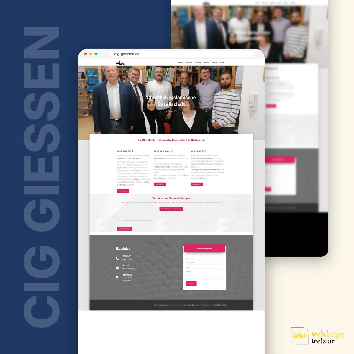 Website der Christlich-Islamischen Gesellschaft Gießen im Browserfenster mit Gruppenfoto, Vereinstexten und Kontaktbereich