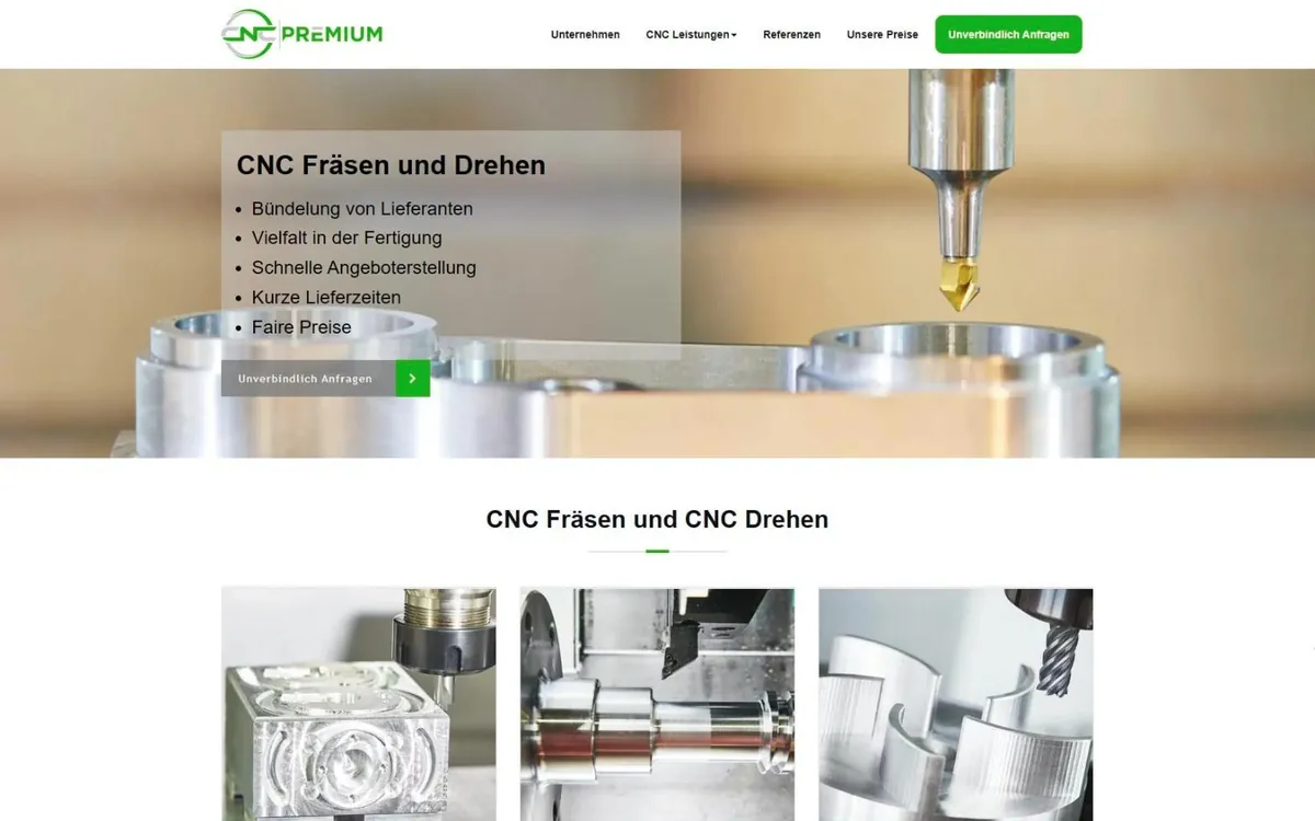 Startseite von cnc-premium.de mit Logo, Menü, grünem Anfragebutton und Vorteilsliste über einem Fräsbild