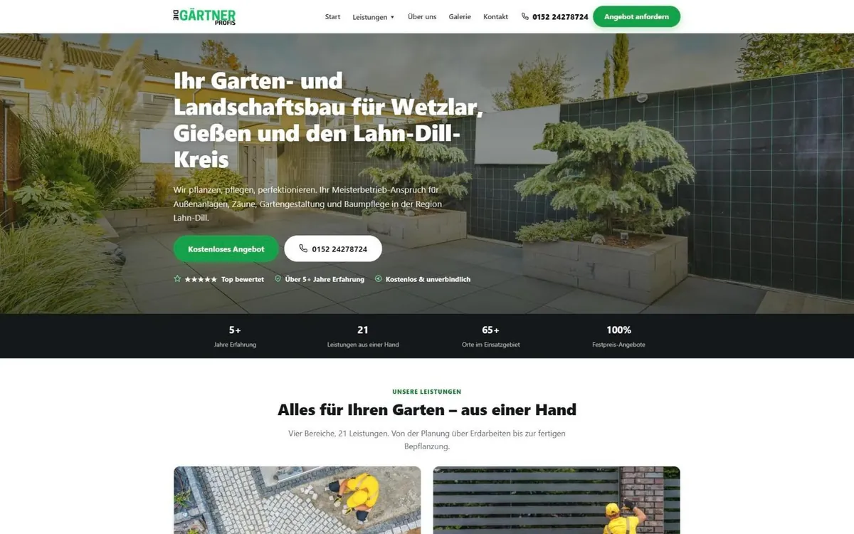 Startseite von die-gaertner-profis.de mit Gartenterrasse, Überschrift zum Lahn-Dill-Kreis und Anfragebuttons