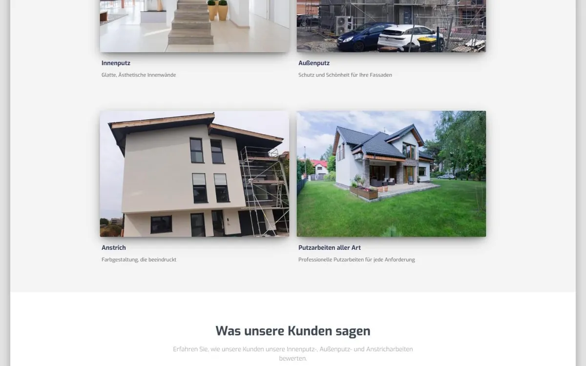 Abschnitt der Dincer-Bau-Website mit Bildkacheln zu Innenputz, Außenputz, Anstrich und Putzarbeiten aller Art