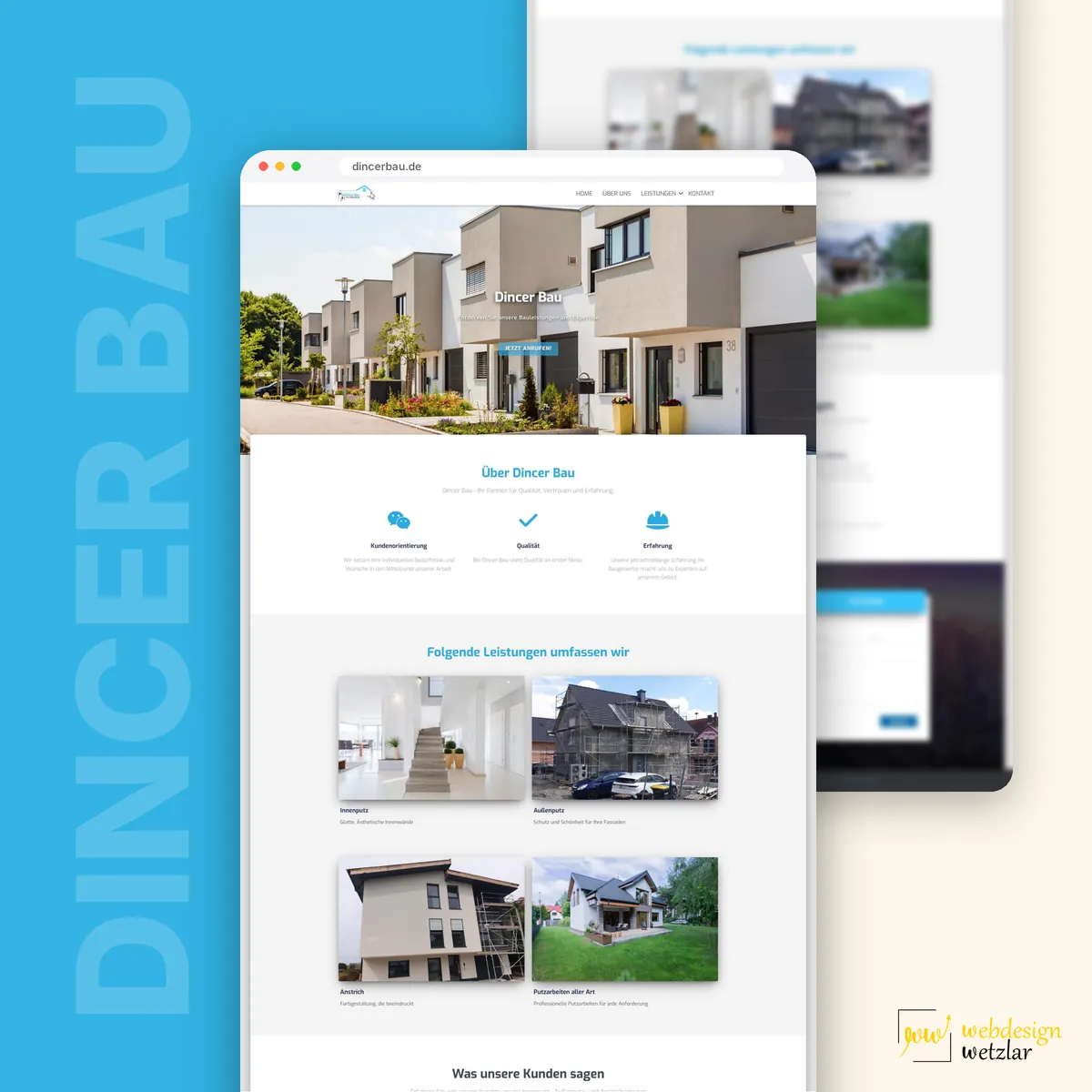 Website von Dincer Bau im Browserfenster mit Reihenhäusern im Kopfbereich und vier Kacheln zu Putz und Anstrich