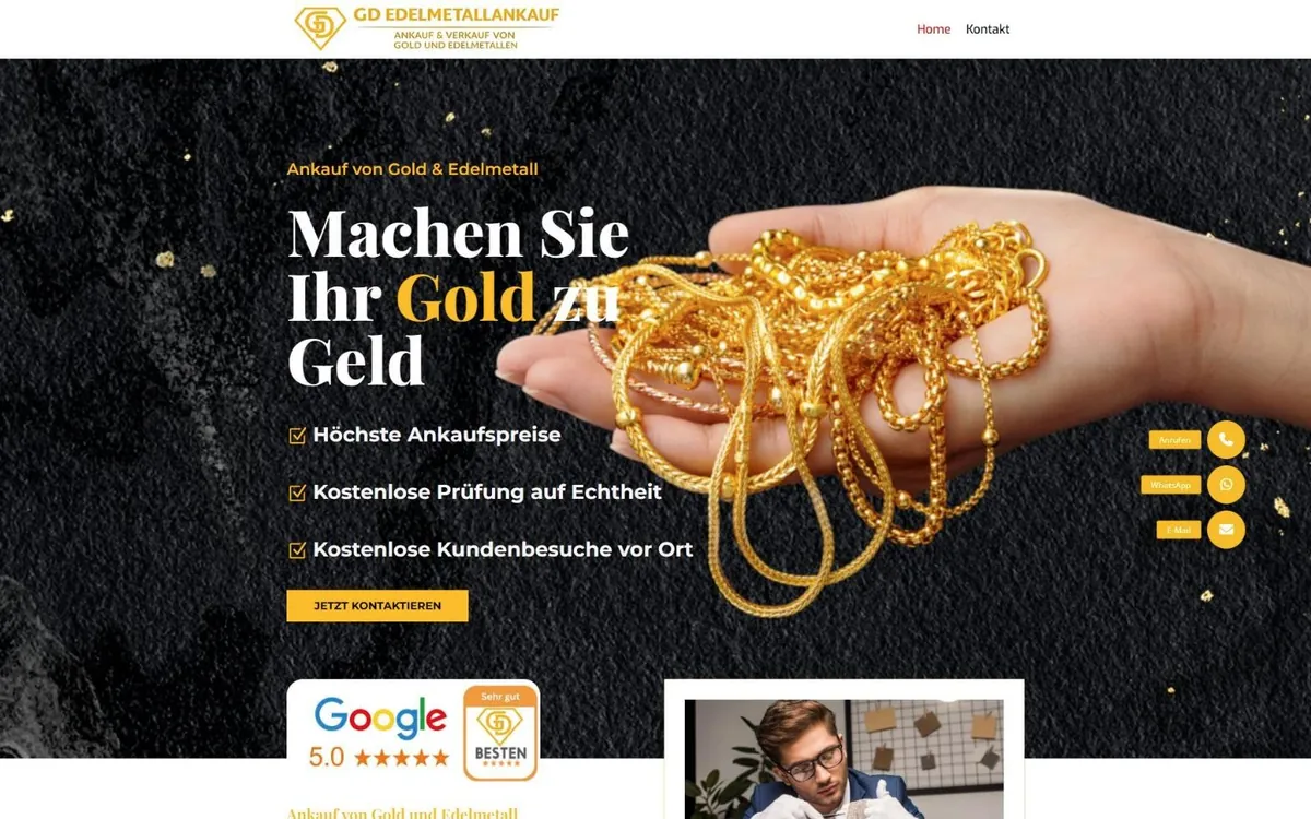Startseite von gd-edelmetallankauf.de mit Goldketten auf dunklem Grund, Überschrift und runden Kontaktbuttons