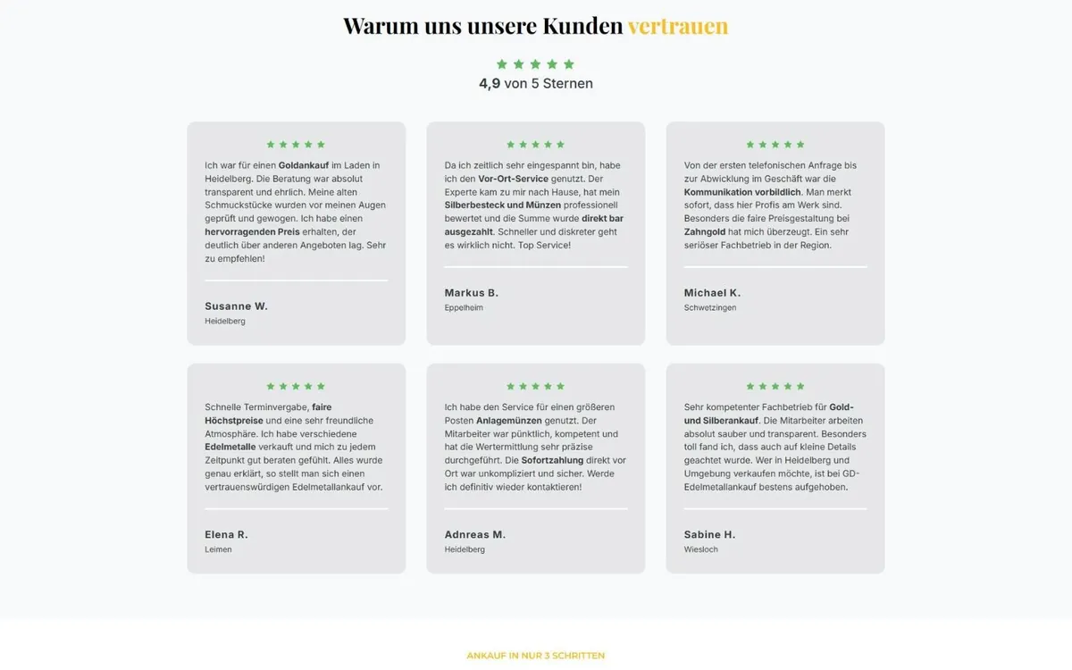 Abschnitt der GD-Edelmetallankauf-Website mit Kundenstimmen in sechs grauen Karten mit Vornamen und Orten