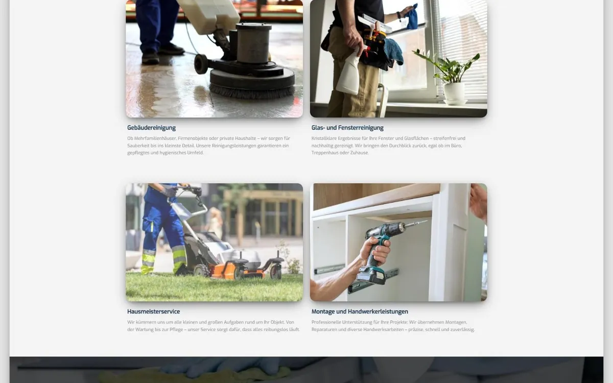 Leistungskacheln der Heim-Website: Bodenreinigung mit Maschine, Fensterreinigung, Rasenmähen und Montage