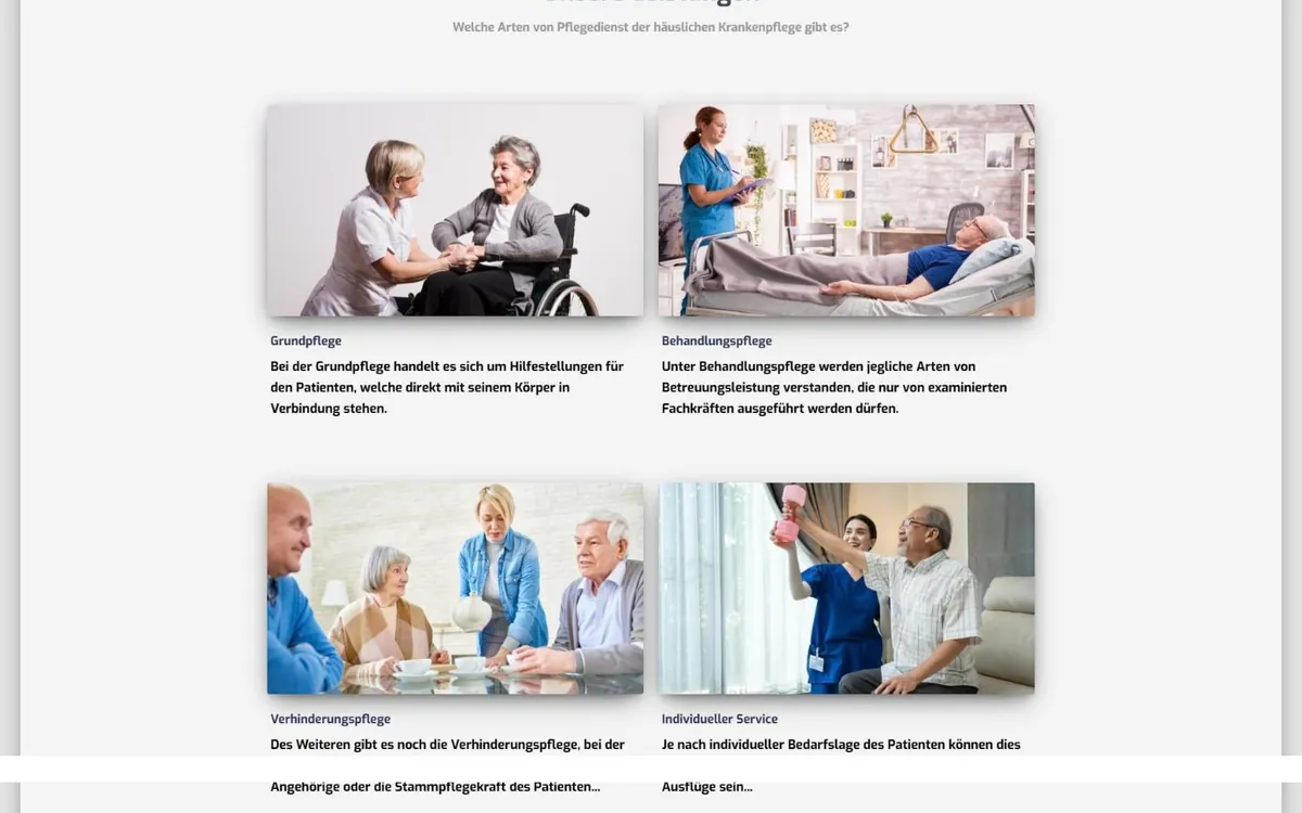Leistungsbereich der Homeycare-Website mit Fotos zu Grundpflege, Behandlungspflege und Verhinderungspflege