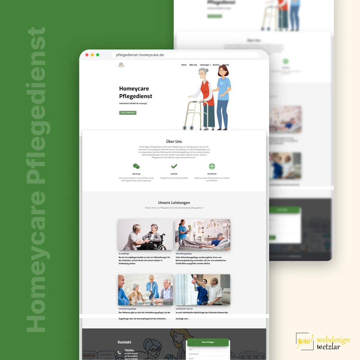 Website von Homeycare Pflegedienst im Browserfenster: Illustration einer Pflegerin mit Seniorin und Leistungskacheln