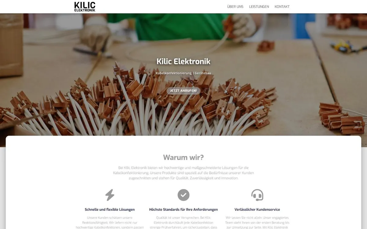 Startseite von kilicelektronik.de mit Kabeln und Kupfersteckern, Firmenname und Abschnitt Warum wir?