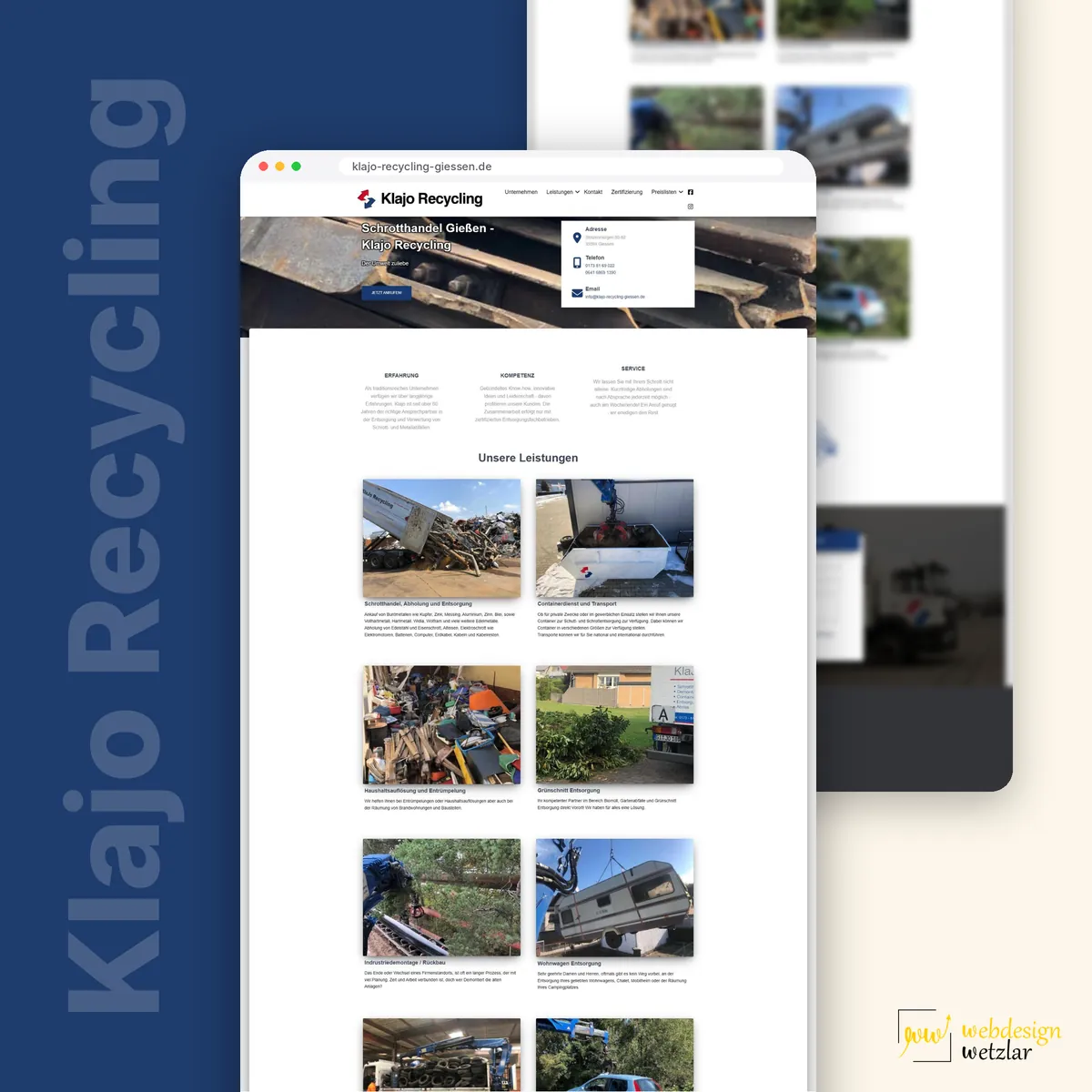 Website von Klajo Recycling im Browserfenster: Kopfbild mit Kontaktbox und Raster aus Leistungsfotos