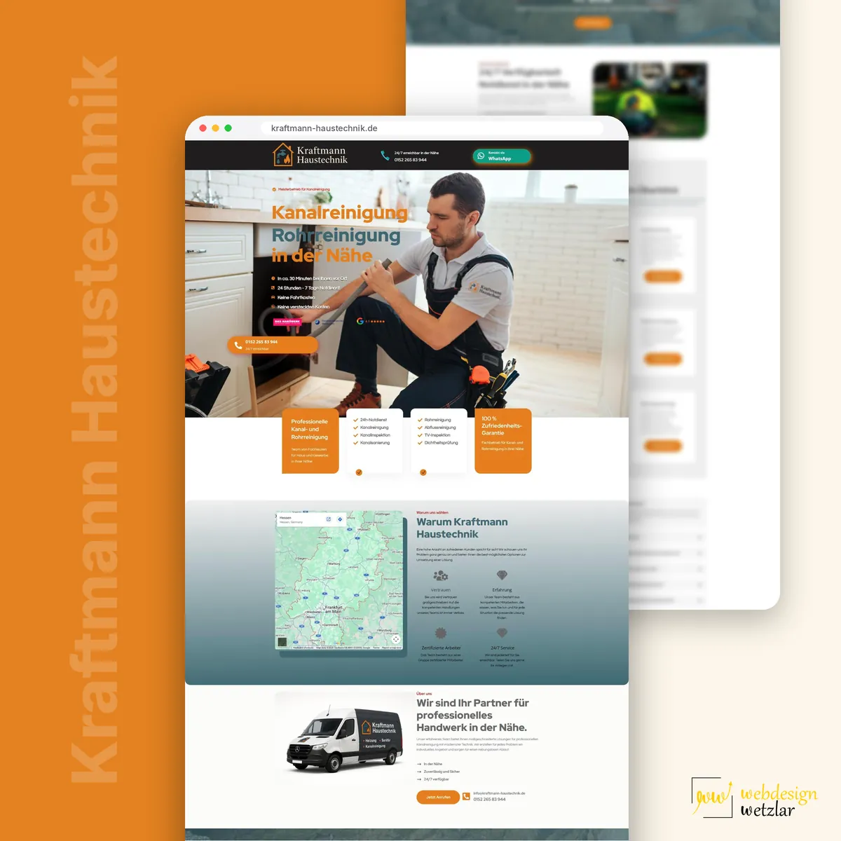 Website von Kraftmann Haustechnik im Browserfenster: Monteur an der Spüle, Hessen-Karte und Firmentransporter