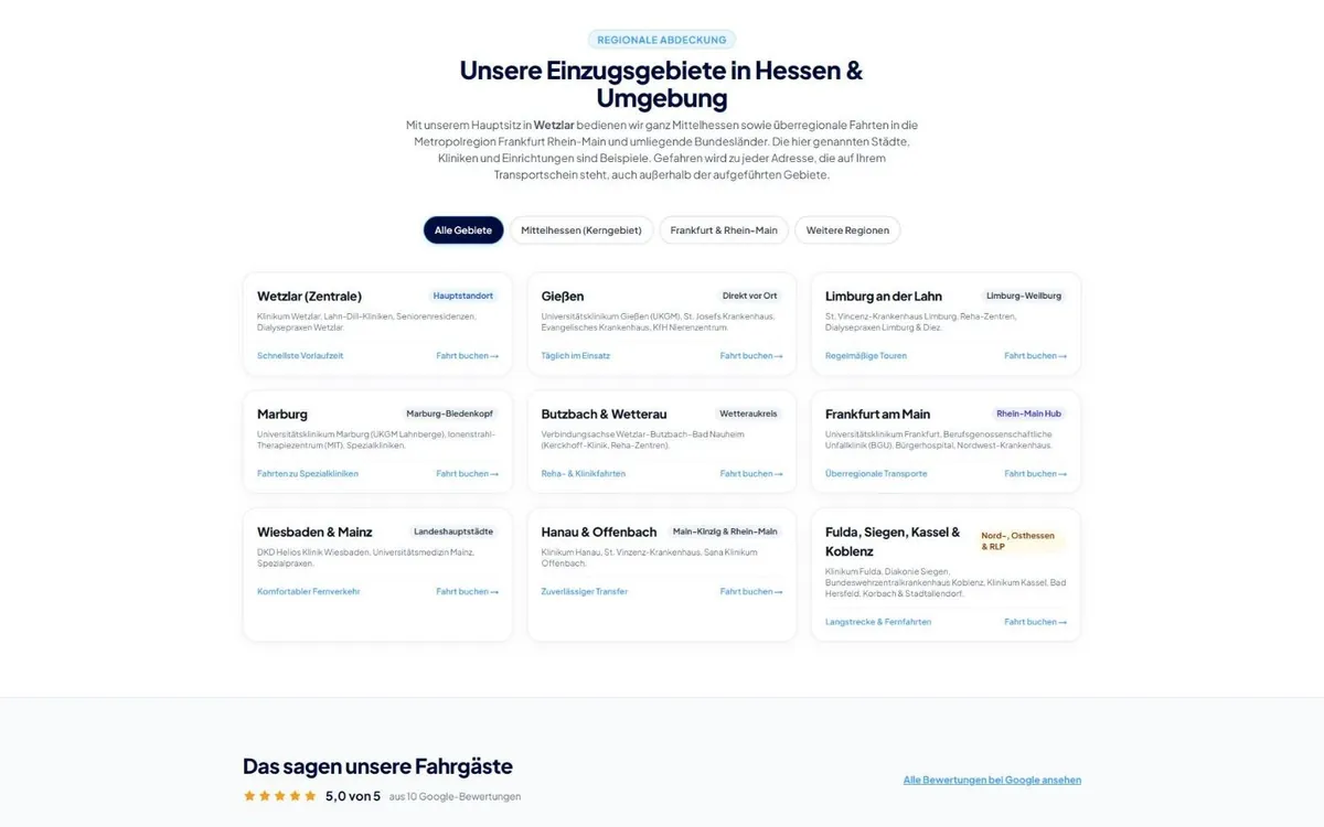 Abschnitt Einzugsgebiete der Krankenfahrdienst-NEU-Website mit Karten für Wetzlar, Gießen, Limburg und weitere