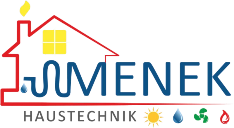 Logo von Menek Haustechnik: rotes Linienhaus mit blauer Wellenleitung, Wortmarke und vier Symbolen