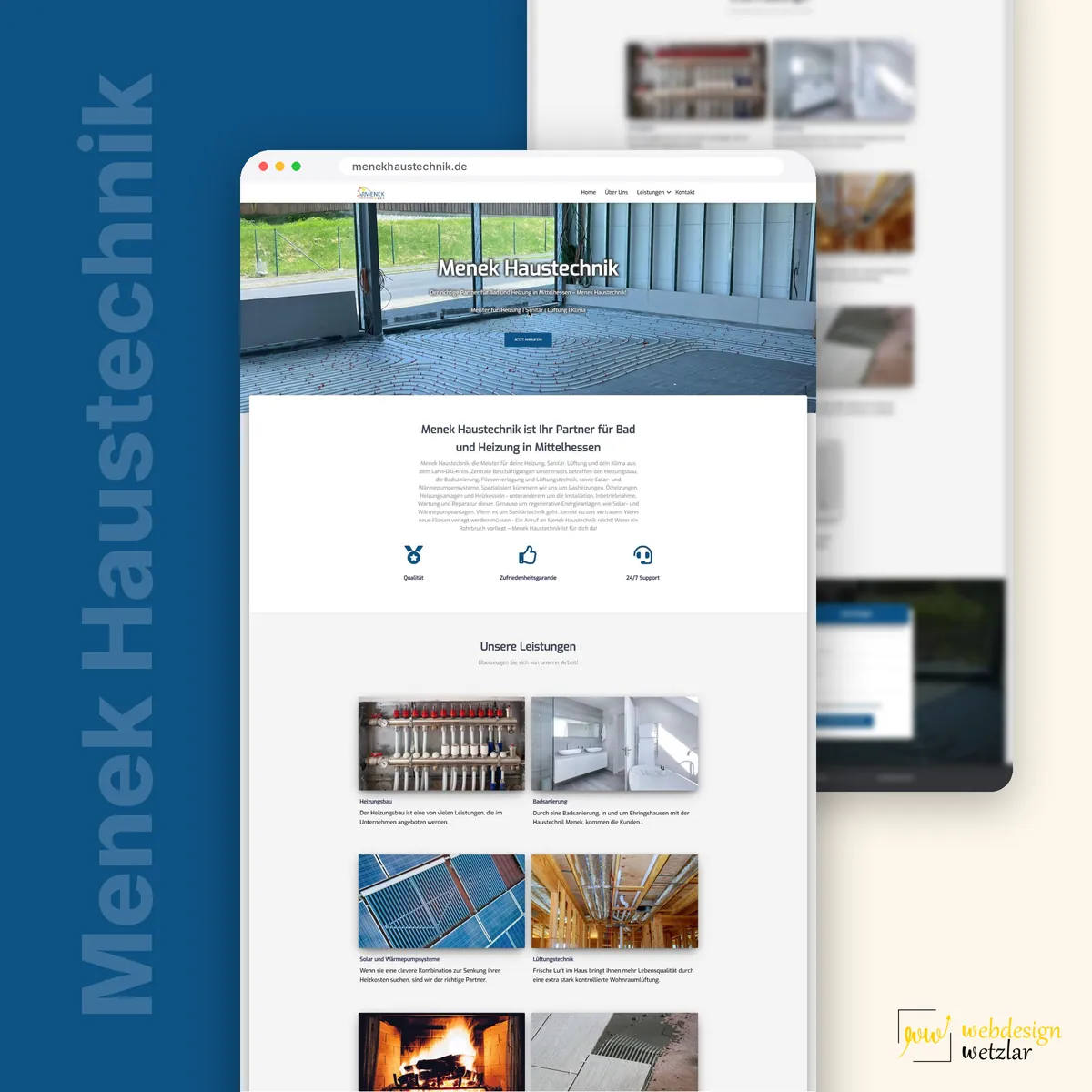 Website von Menek Haustechnik im Browserfenster: Fußbodenheizung im Rohbau und Leistungskacheln mit Technikfotos