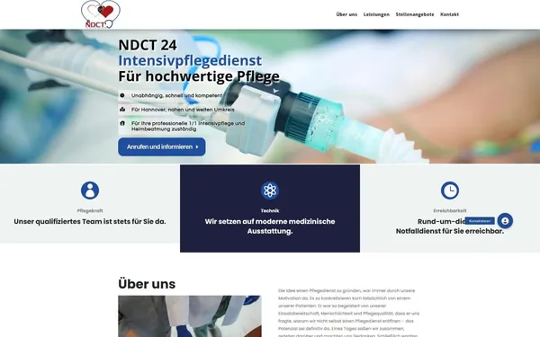 Startseite von ndct24intensivpflegedienst.de mit Beatmungsschlauch, Stichpunkten und Button Anrufen und informieren