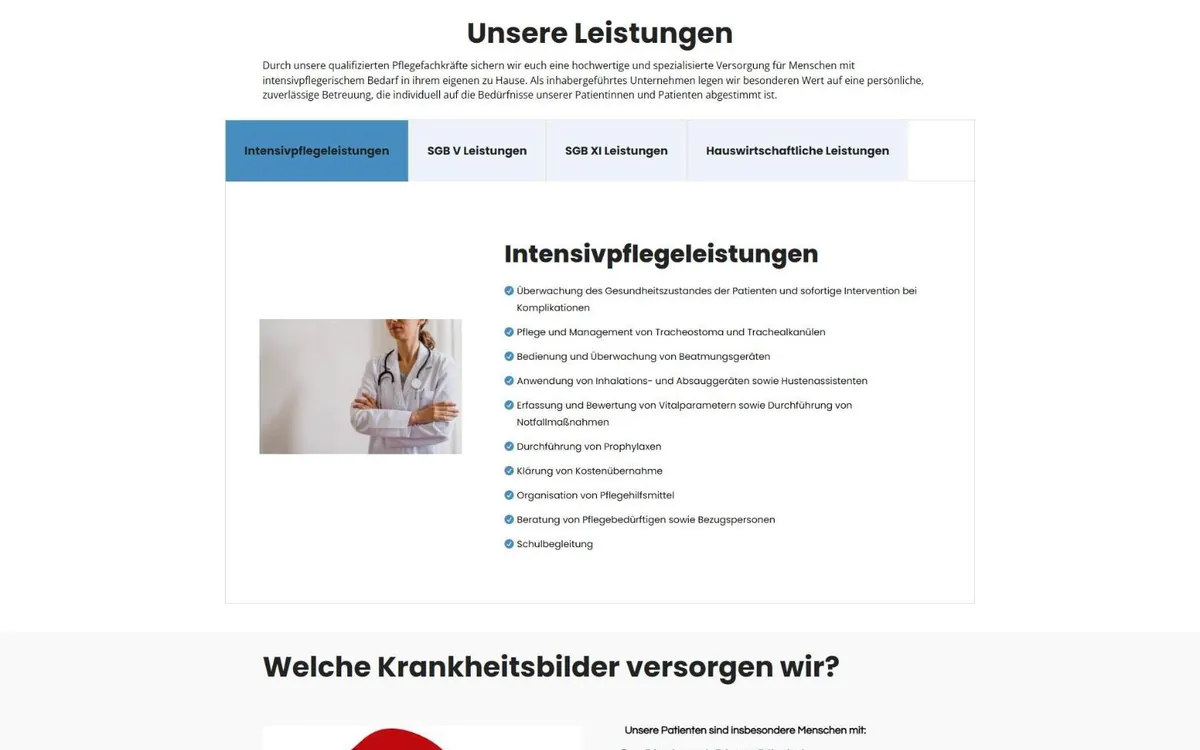 Leistungsbereich der NDCT-24-Website mit vier Reitern und Liste der Intensivpflegeleistungen