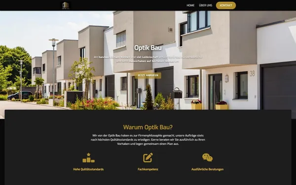 Startseite von optikbau-wetzlar.de mit Reihenhäusern, goldenem Button Jetzt anrufen und Abschnitt Warum Optik Bau