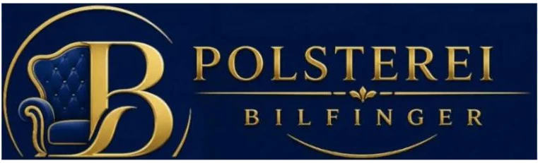 Logo von Polsterei Bilfinger: goldenes B mit blauem Ohrensessel und goldener Schrift auf Dunkelblau