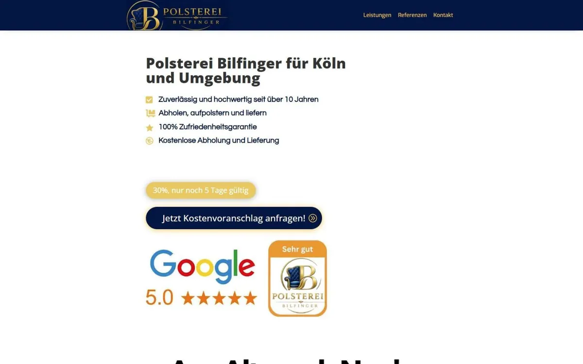 Startseite von polsterei-bilfinger.de mit dunkelblauem Header, Stichpunkten und Button für den Kostenvoranschlag