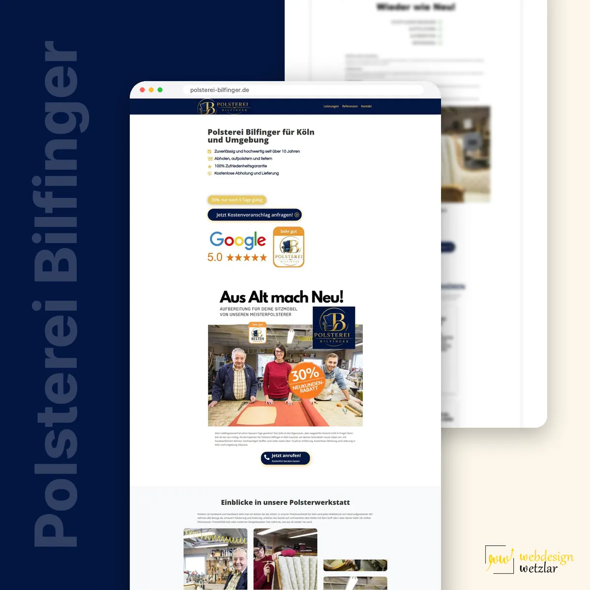 Website von Polsterei Bilfinger im Browserfenster: Überschrift für Köln, Teamfoto in der Werkstatt und Galerie