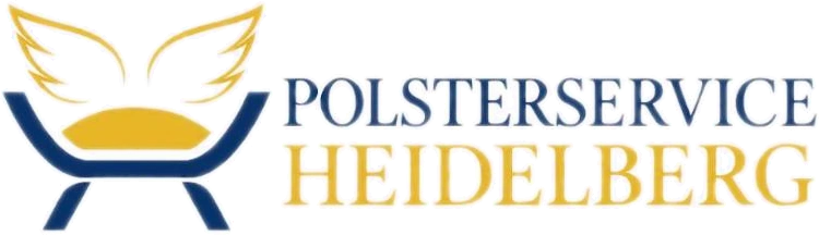 Logo von Polsterservice Heidelberg: blaues Sitzmöbel mit gelbem Kissen und Flügeln, Wortmarke in Blau und Gelb