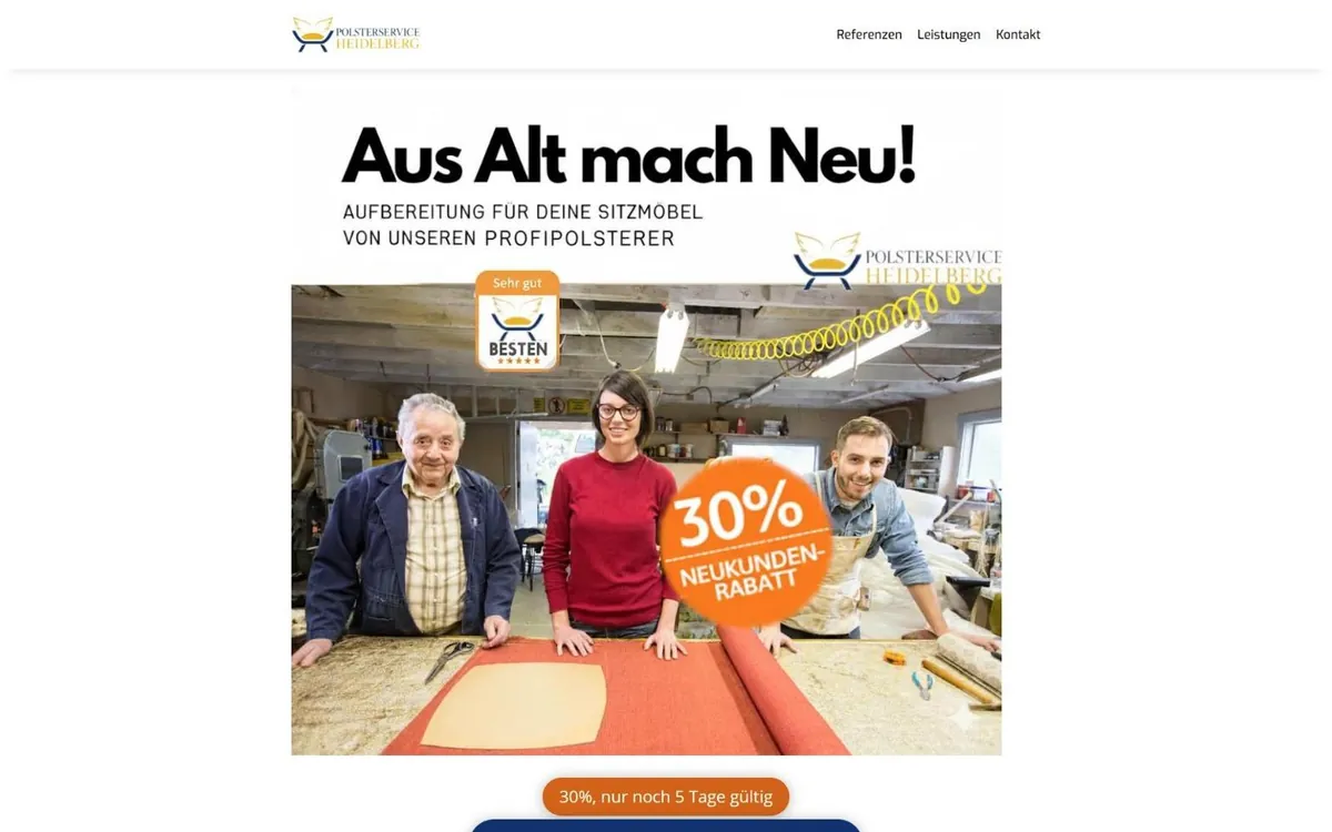 Startseite von polsterservice-heidelberg.de mit Logo, Menü und drei Personen am Zuschneidetisch der Werkstatt