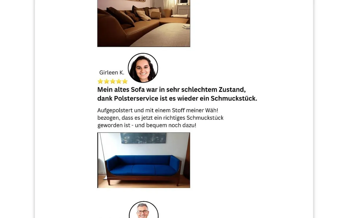 Kundenstimmen auf der Website von Polsterservice Heidelberg mit Fotos eines Ecksofas und eines blau bezogenen Sofas