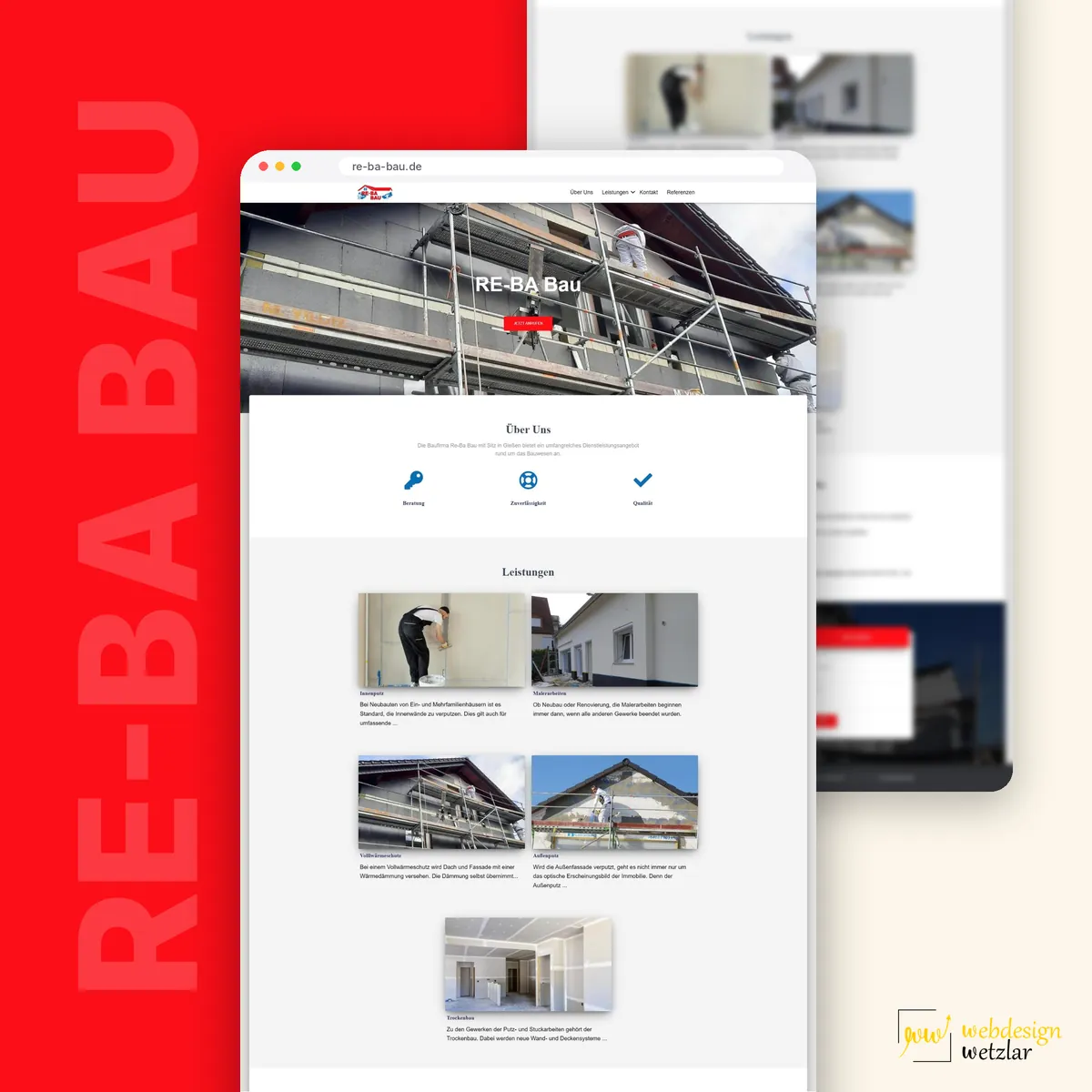 Website von Re-Ba Bau im Browserfenster: eingerüstete Fassade im Titelbild, darunter Über Uns und Leistungskacheln