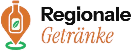 Logo von Regionale Getränke: orangefarbener Kartenpin als Flasche mit grünem Blatt neben der Wortmarke