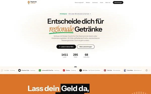 Startseite von regionale-getraenke.de mit Überschrift Entscheide dich für regionale Getränke und Zählern