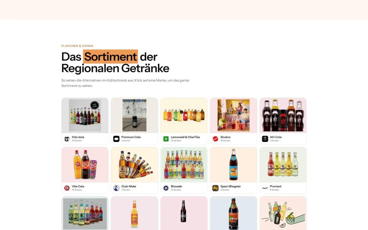 Abschnitt Sortiment der Website Regionale Getränke mit Kacheln voller Flaschen verschiedener Marken
