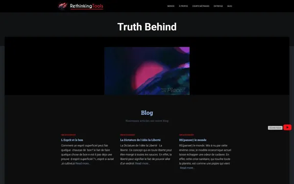 Startseite von rethinking-tools.com mit Logo, Menü, Überschrift Truth Behind, Videostandbild und drei Blogartikeln