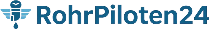Logo von RohrPiloten24: blauer Siphon mit Flügeln und Wassertropfen neben der petrolblauen Wortmarke