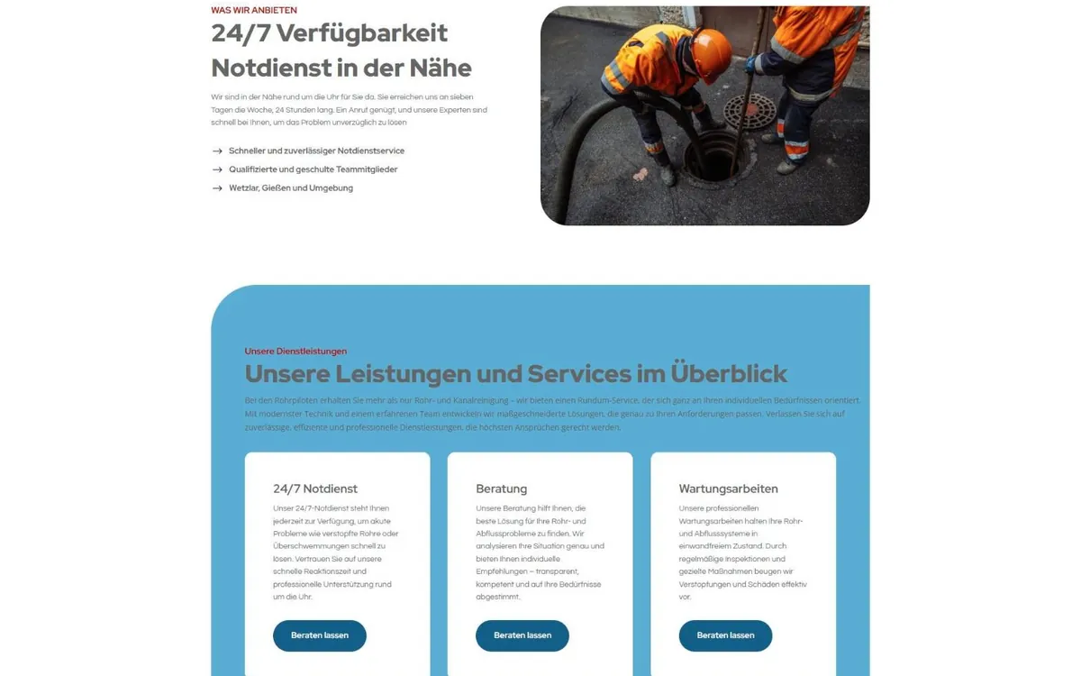 Abschnitt zum 24/7 Notdienst mit Foto eines offenen Schachts und blau hinterlegter Übersicht der Services