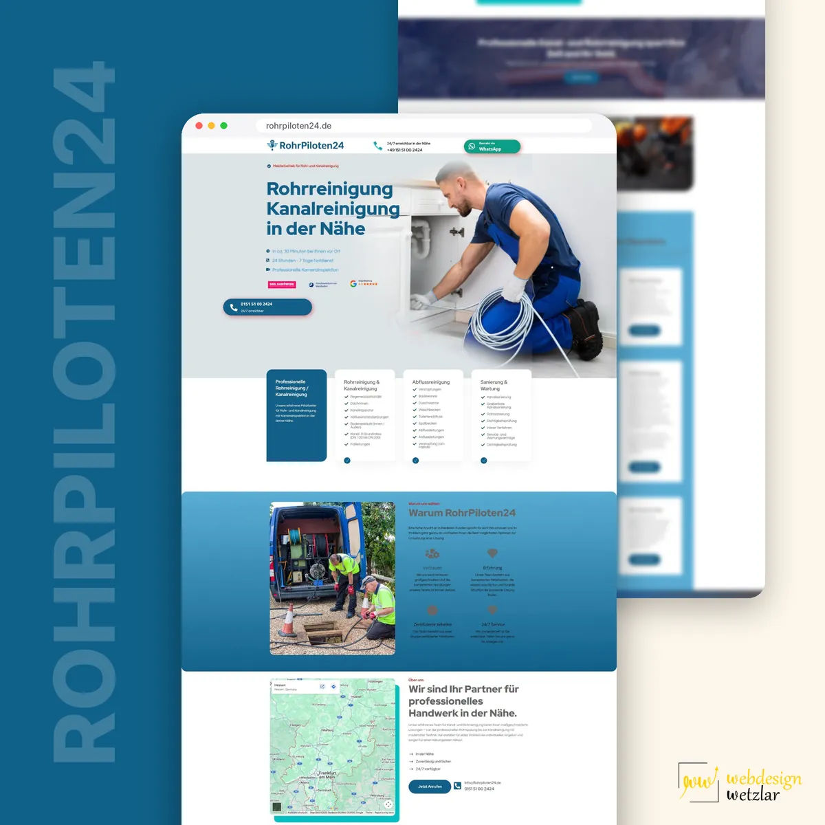 Website von RohrPiloten24 im Browserfenster: Monteur mit Rohrspirale unter dem Waschbecken, darunter Leistungskarten