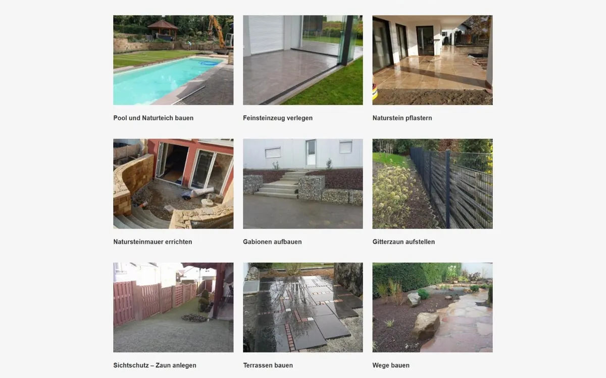 Projektkacheln von RS Gartenbau mit Fotos zu Poolbau, Feinsteinzeug, Gabionen, Gitterzaun, Terrassen und Wegen
