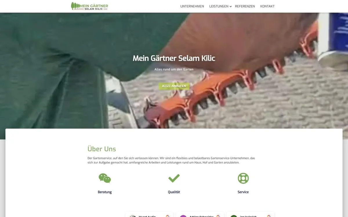 Startseite von Mein Gärtner Selam Kilic mit Logo, Menü, Heckenschere im Titelbild und grünem Anruf-Button