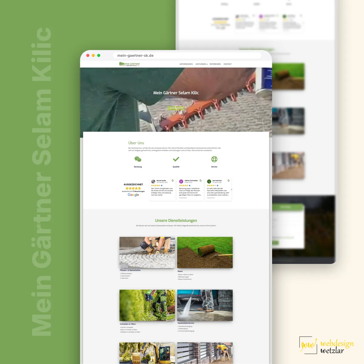 Website von Mein Gärtner Selam Kilic im Browserfenster: Heckenschere im Titelbild, Über Uns und Leistungskacheln