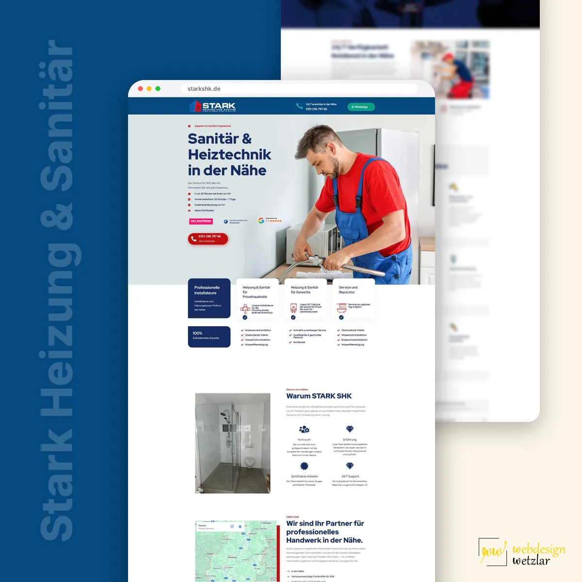 Website von Stark Heizung und Sanitär im Browserfenster: Installateur in Rot, Zielgruppen-Karten und Warum STARK SHK