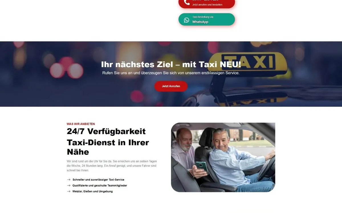 Ausschnitt der Taxi-NEU-Website mit Band Ihr nächstes Ziel und Abschnitt 24/7 Verfügbarkeit mit Fahrerfoto