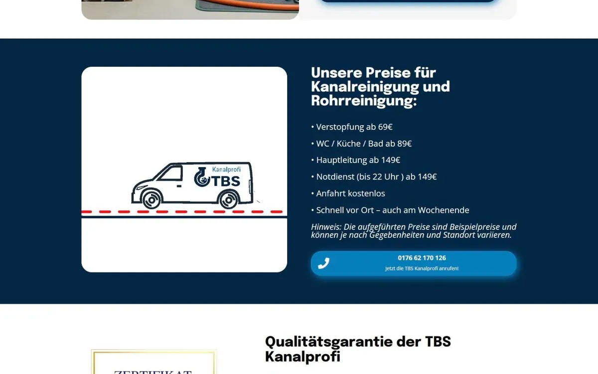 Preisabschnitt der TBS-Kanalprofi-Website auf dunkelblauem Grund mit Zeichnung des Firmentransporters