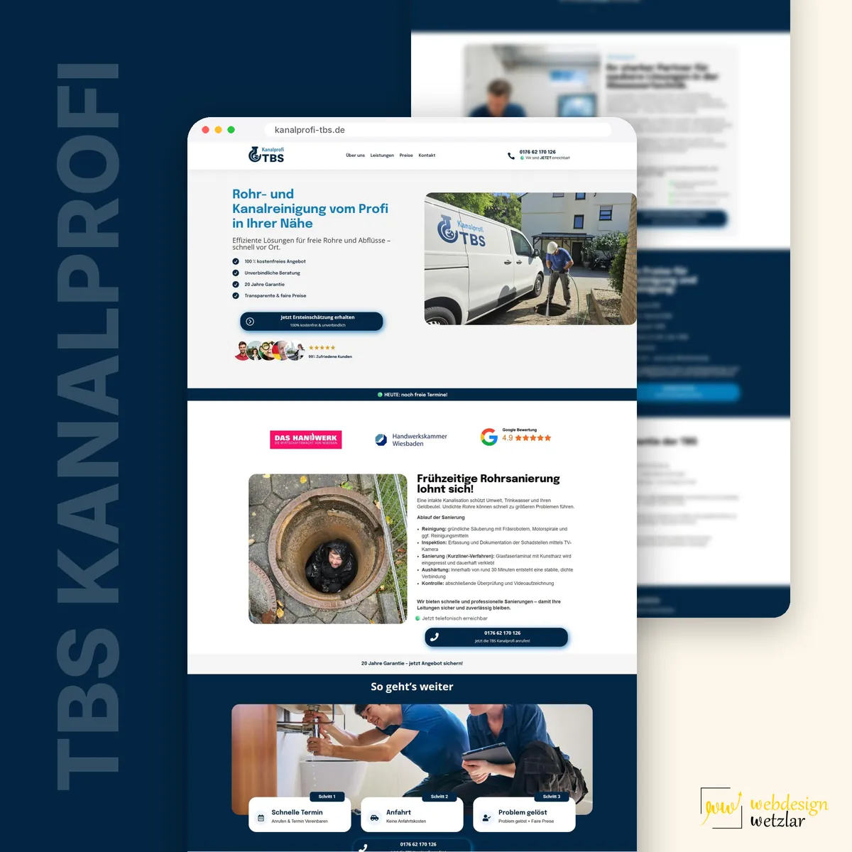Website von TBS Kanalprofi im Browserfenster: Startseite mit Firmenwagen, Sanierungsabschnitt und Ablauf So geht's weiter