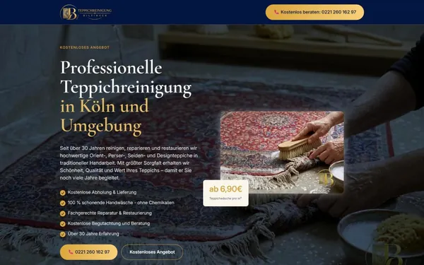 Startseite von teppichreinigung-bilfinger.de mit Serifenüberschrift, goldenen Buttons und Hand mit Teppichbürste